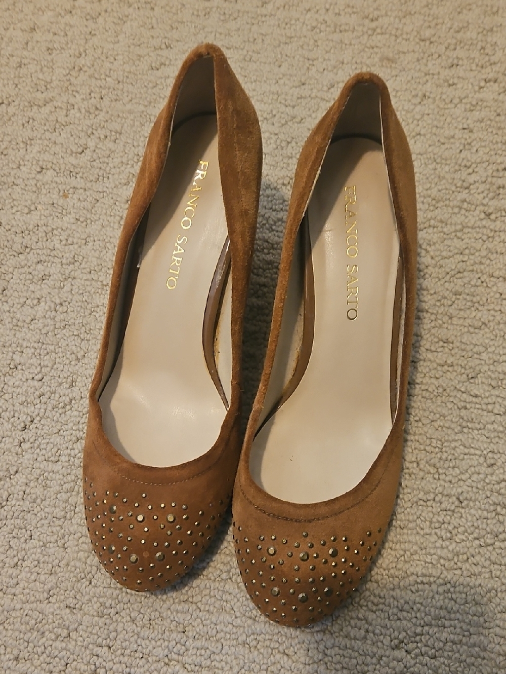 Franco Sarto Cognac Suede Studded Round-Toe Wedges